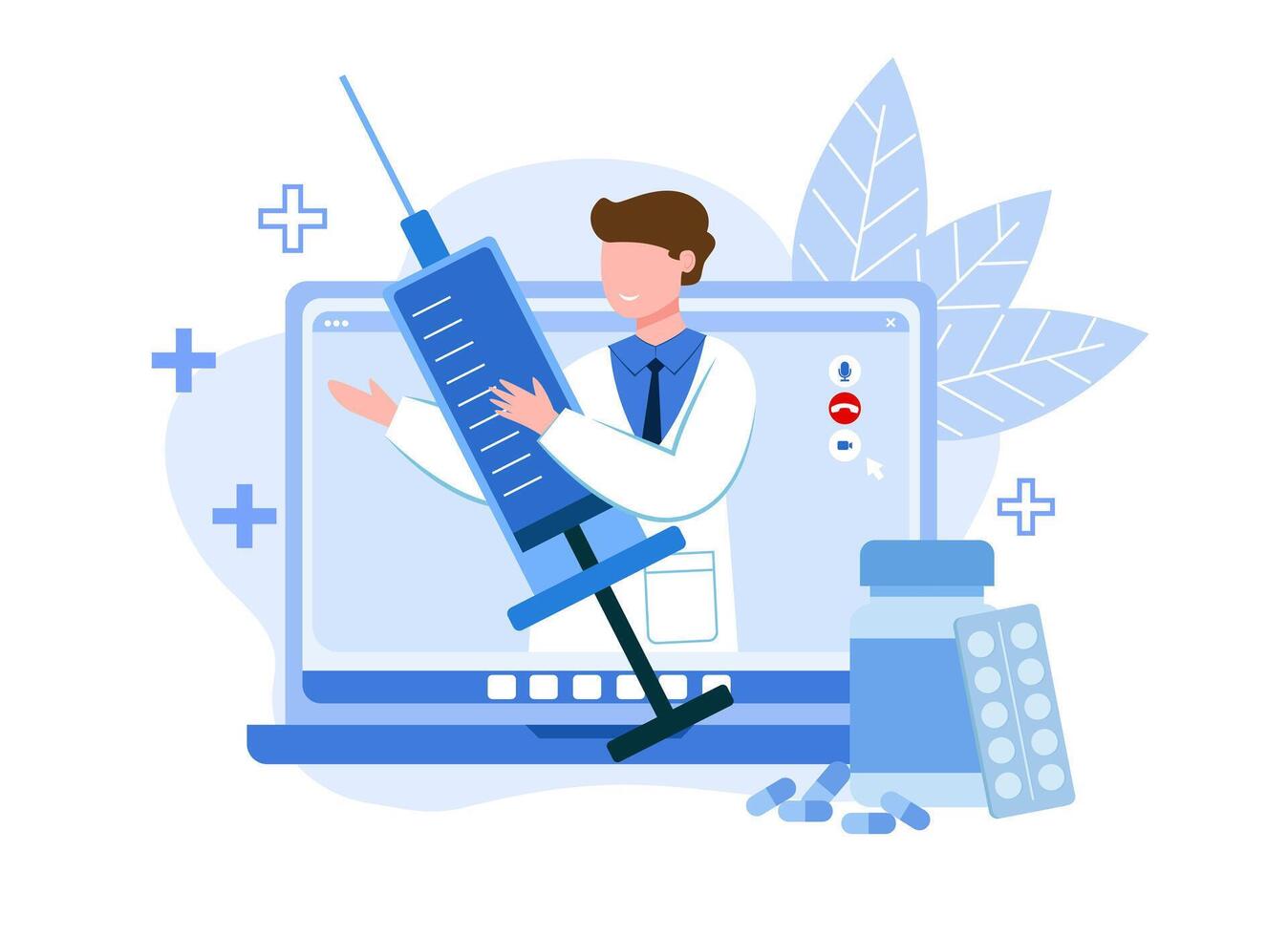 Male holding syringe and talking with patient via laptop vector