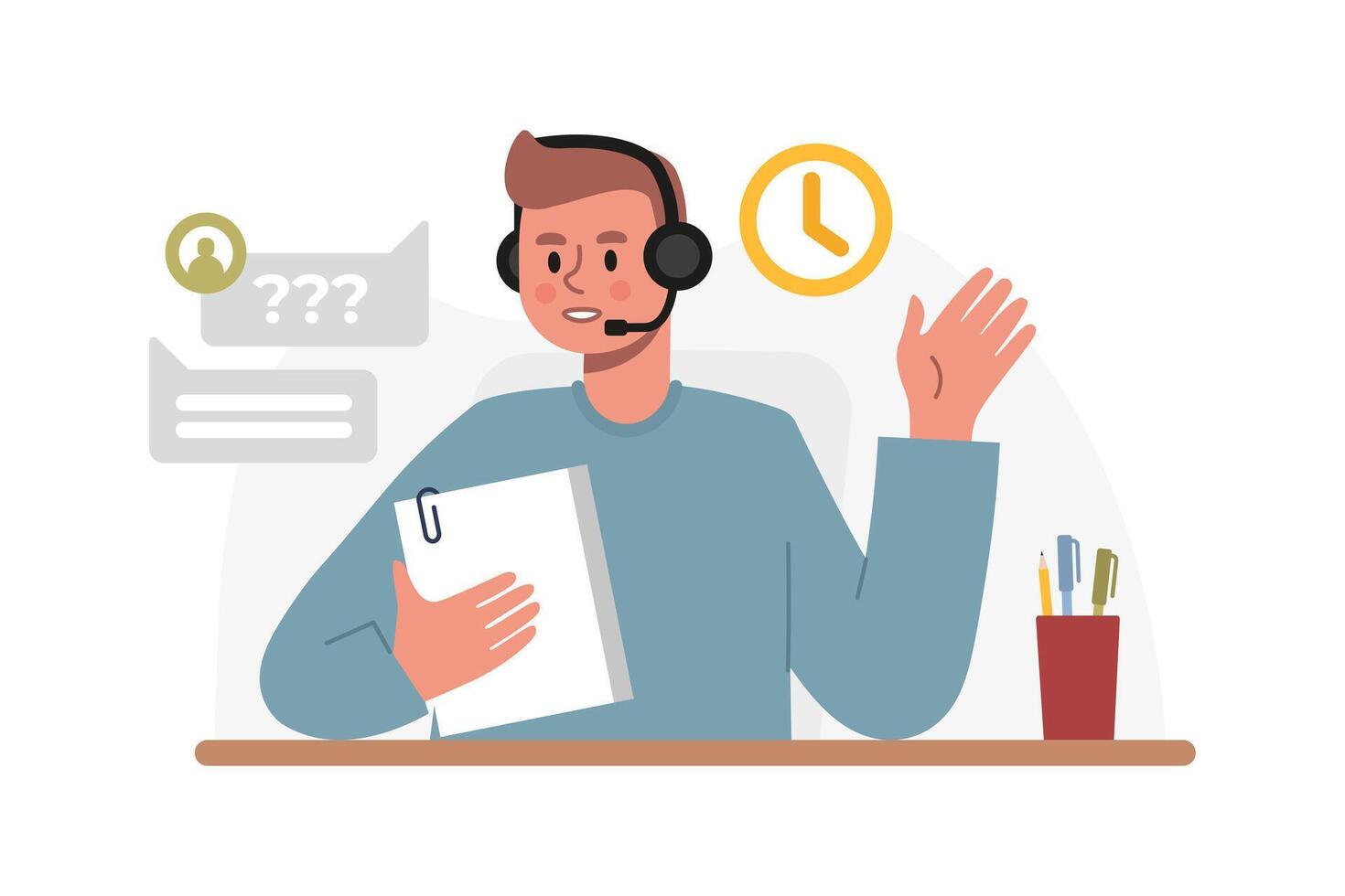 Young male with headphones holding document and talking with client vector