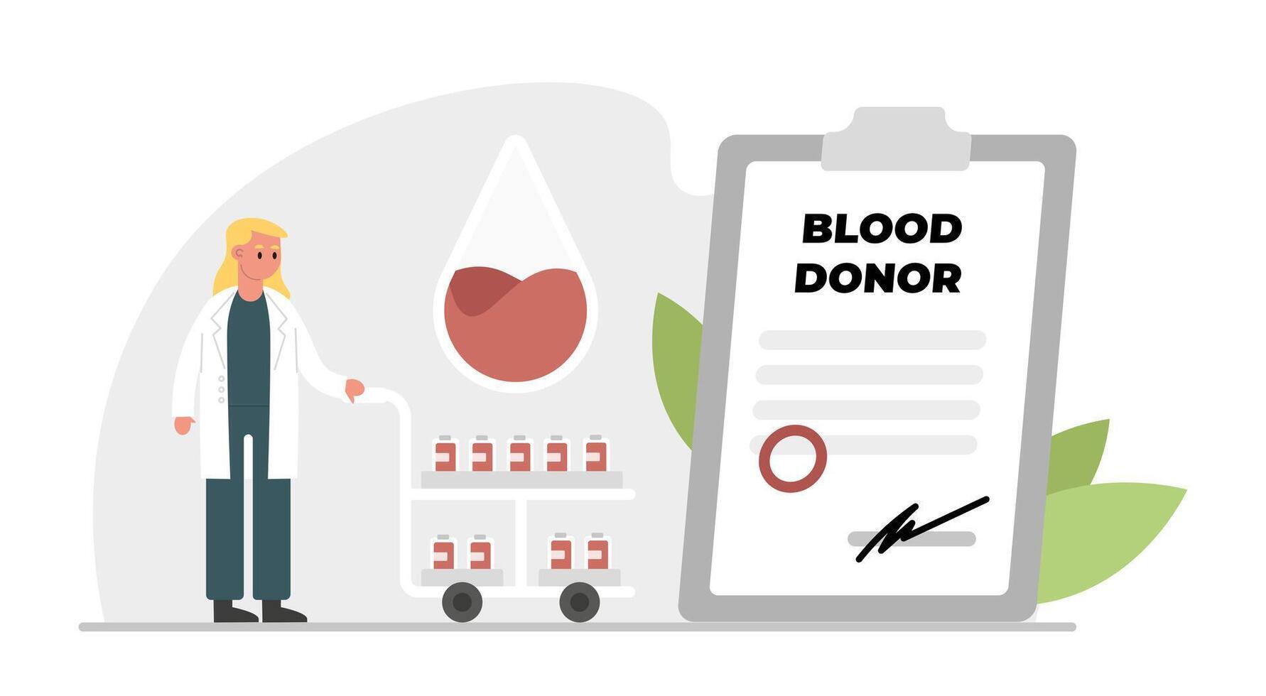 Woman standing near document for donor and carry cart with blood vector