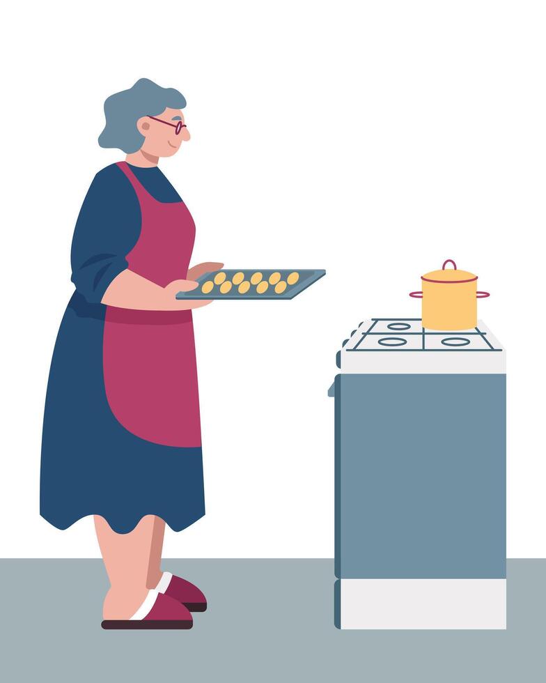 Adult female in apron holding pallet with cookies and stands near oven vector