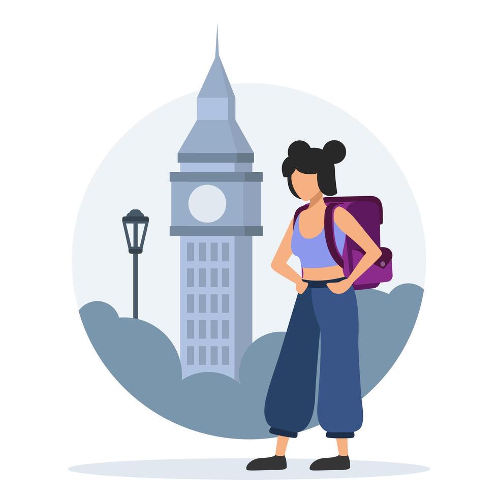 activo mujer en pie con mochila cerca grande ben viaje y turismo concepto vector