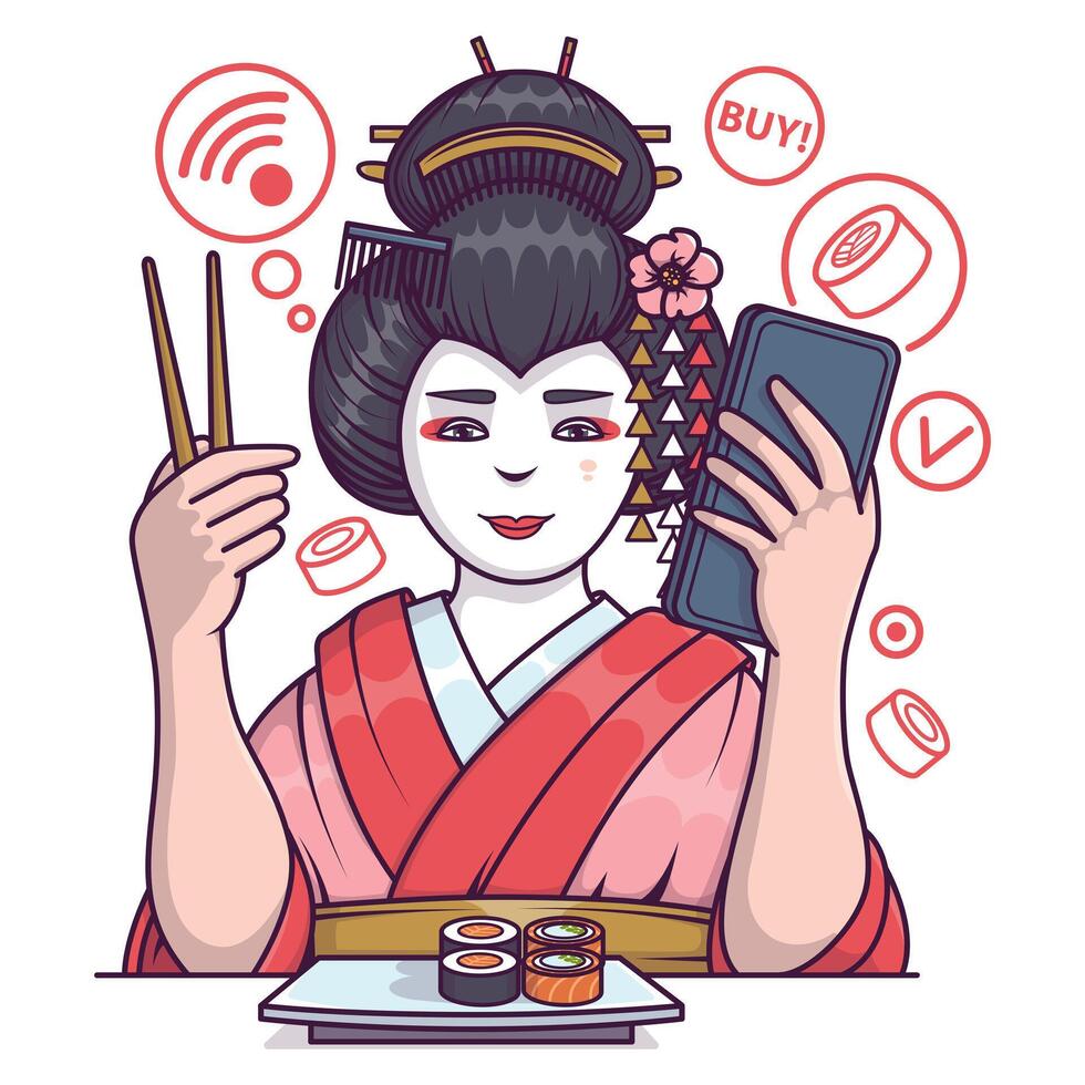 Geisha character show application for delivery of rolls and sushi on devices vector