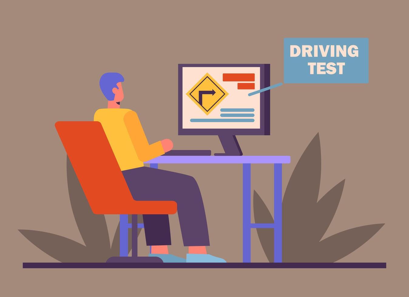Male sitting near computer and passing driving test. Stages of learning at driving school vector