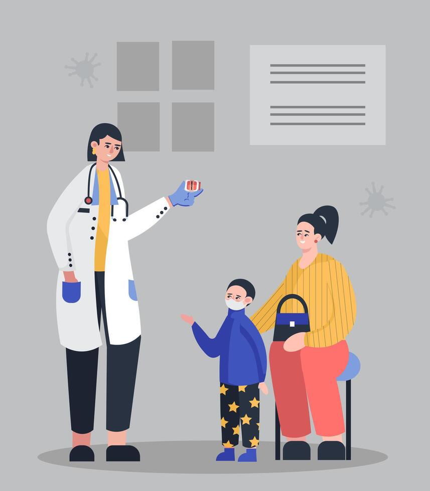 Mother with kid talking with professional doctor. Protection against diseases and virus vector