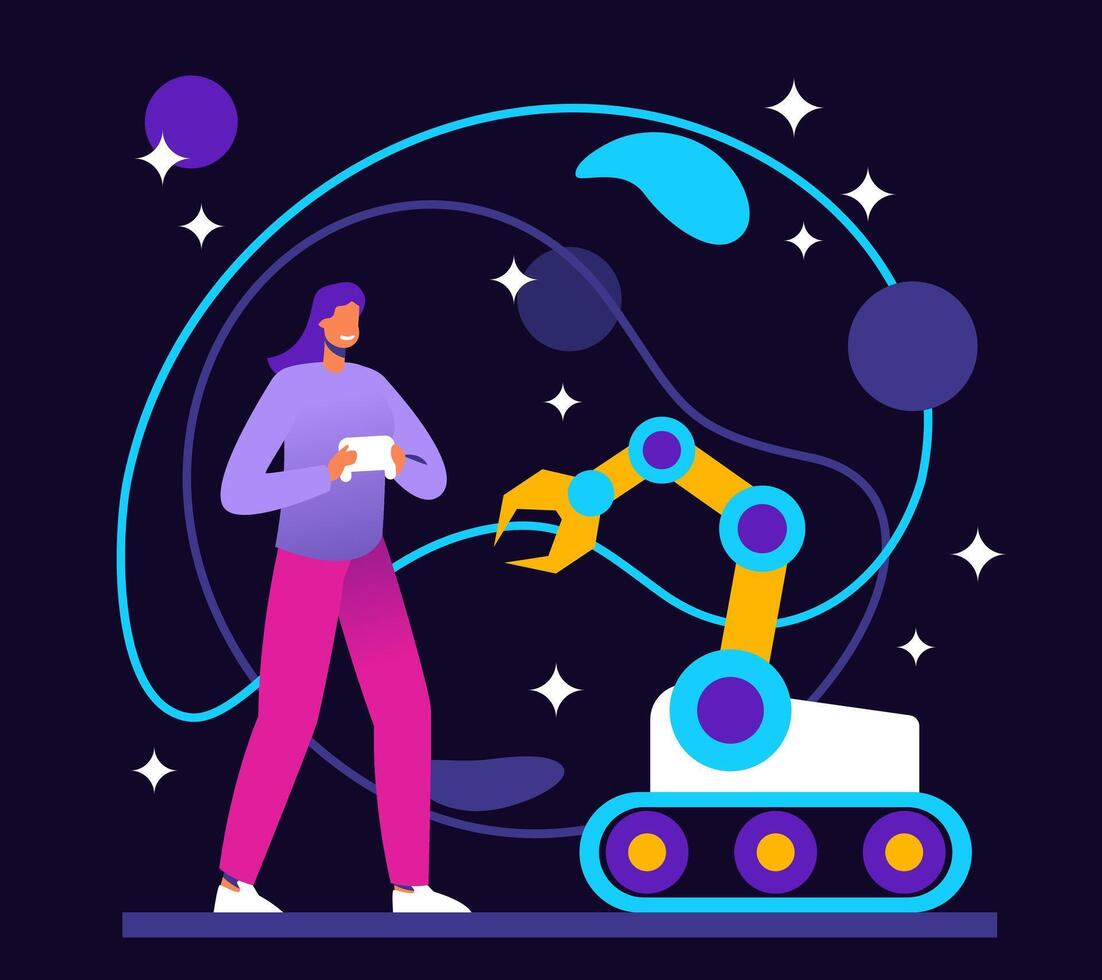 Woman operating excavator. Virtual reality, modern technologies vector