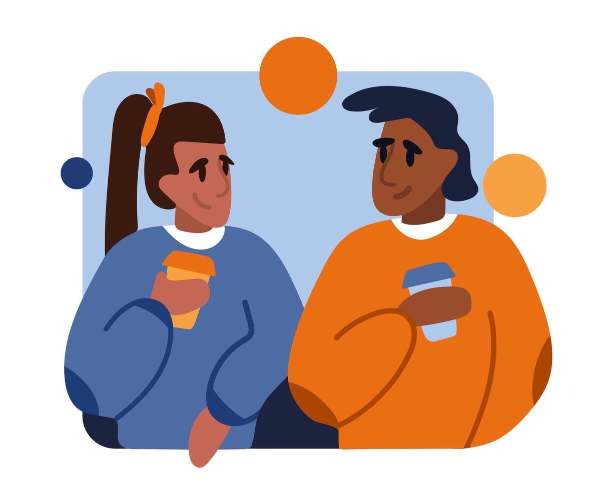 Young happy woman and man standing near each other and drinking coffee vector