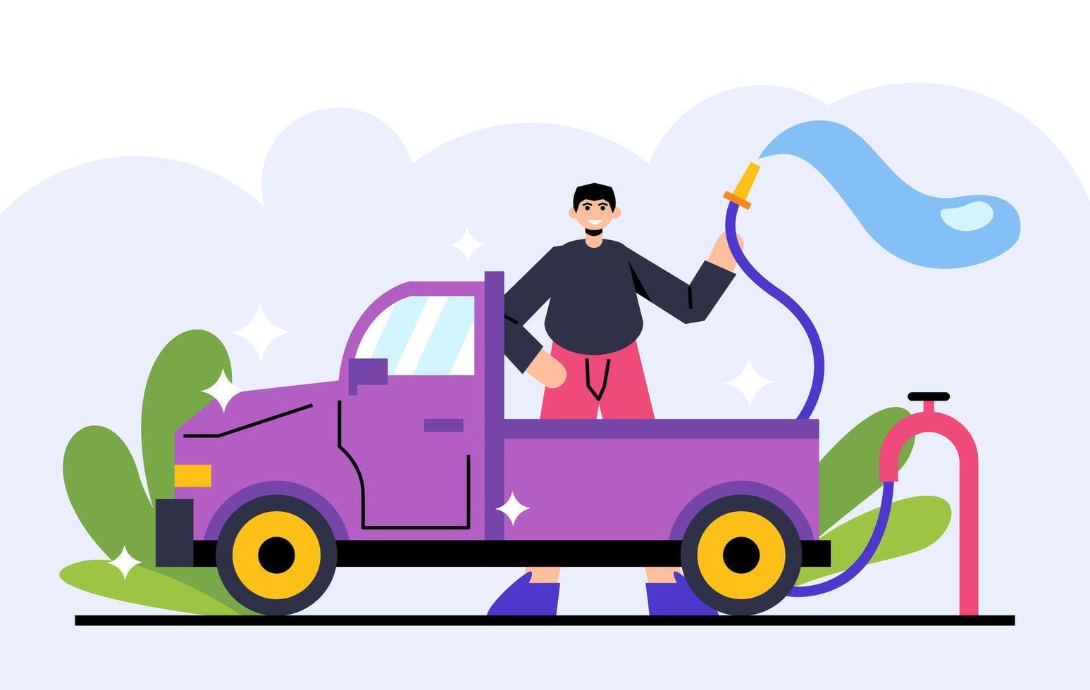 Man holding hose with water before washing car. Place for auto transport wash vector