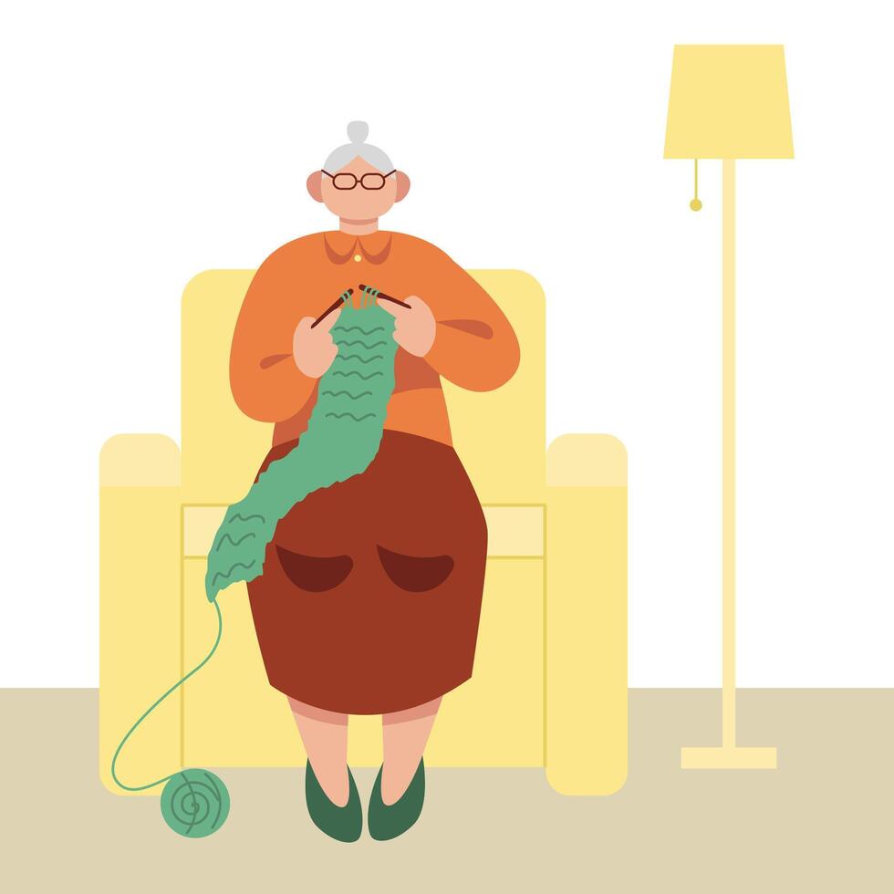 Adult woman sitting in a chair and knitting sweater. Elderly, senior human spending time at home vector