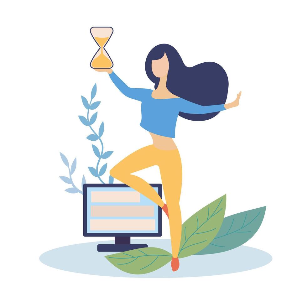 Female holding hourglass and standing near computer. Time management illustration vector