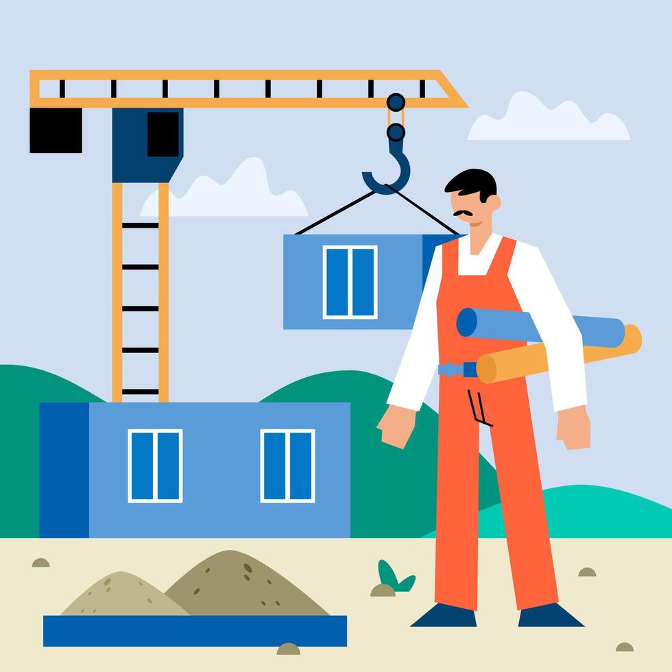 Builder holding constructions and ready to work. Worker build house vector