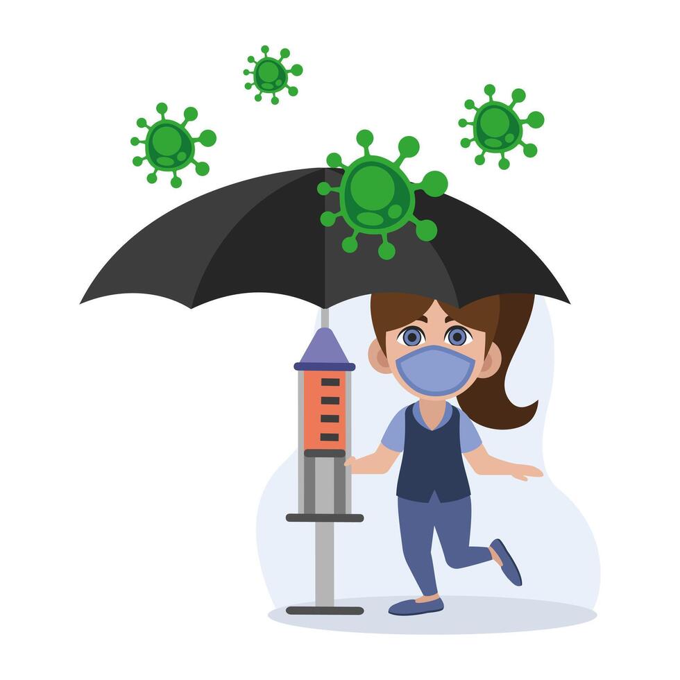 Woman in protective mask standing under umbrella with syringe. Doctors fight virus with vaccination vector