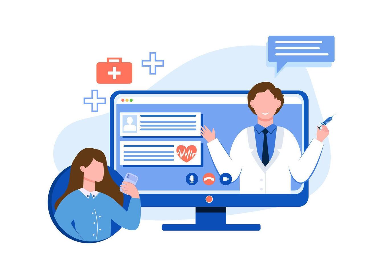 Male holding syringe and calling to patient on video call vector