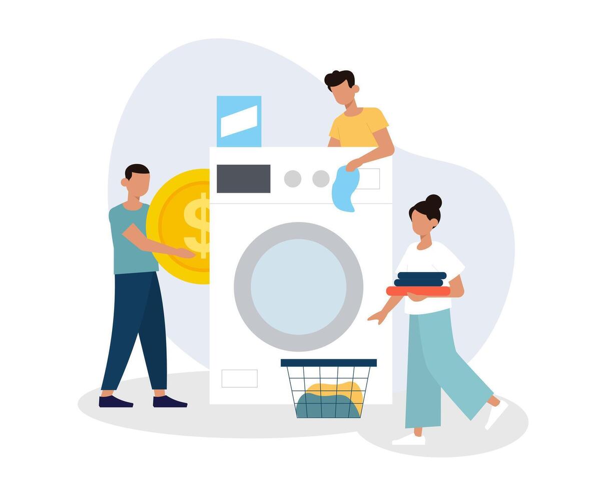 Concept of public laundry and dry cleaning. Young people pay for washing in washing machine vector
