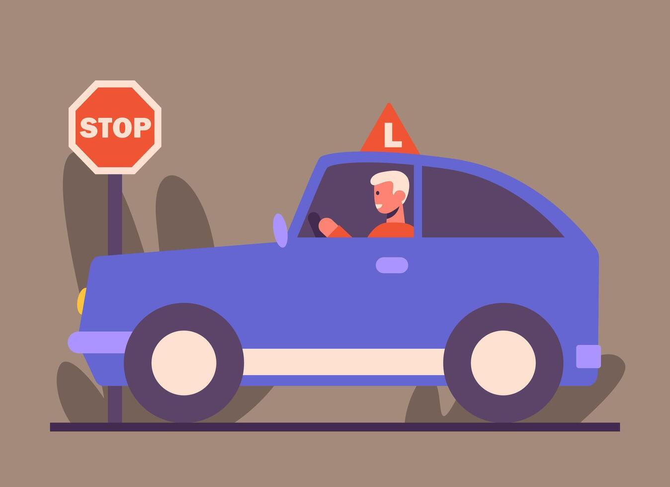Young male driving car, parking near sign stop. Passing driving test concept vector