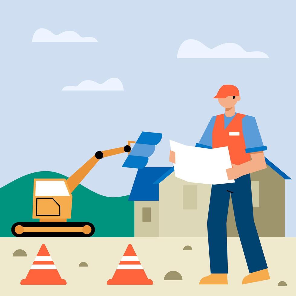 Inspector holding construction plan and controls process vector