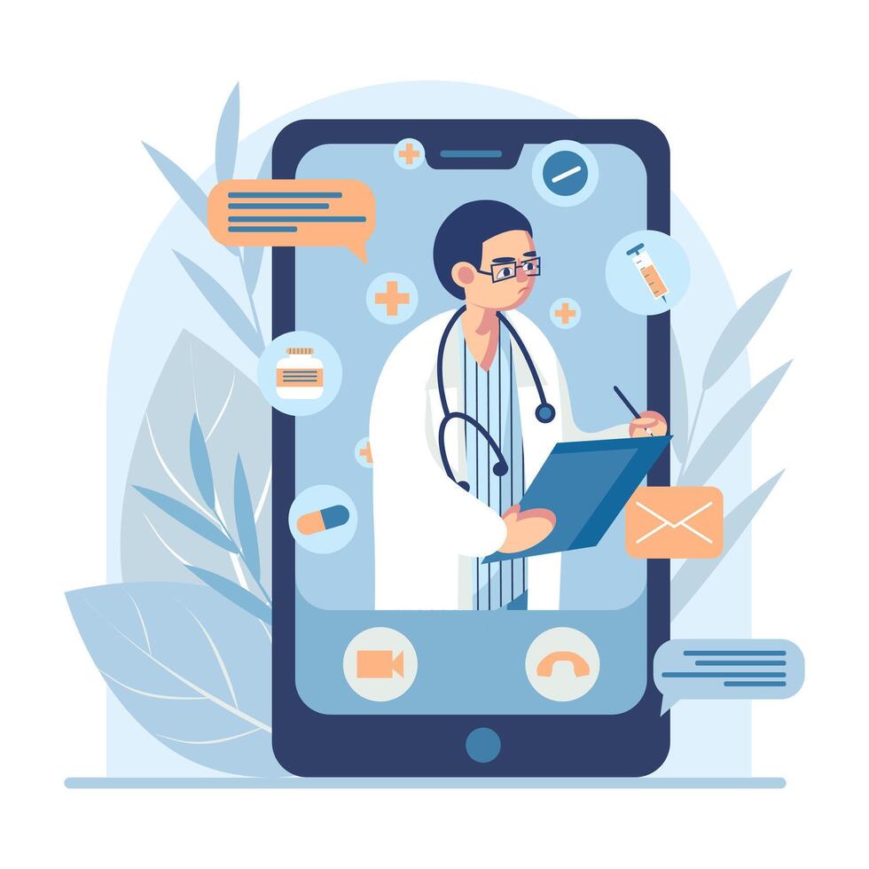 Doctor in white medical coat holding clipboard and listening patient, helping online via smartphone vector