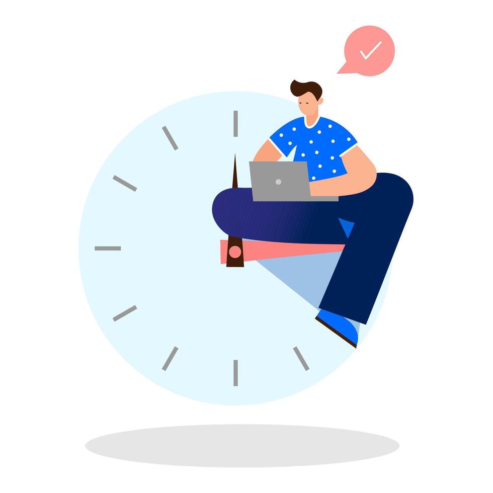 Male sitting near clock and working on computer. Concept of procrastination and proper time vector
