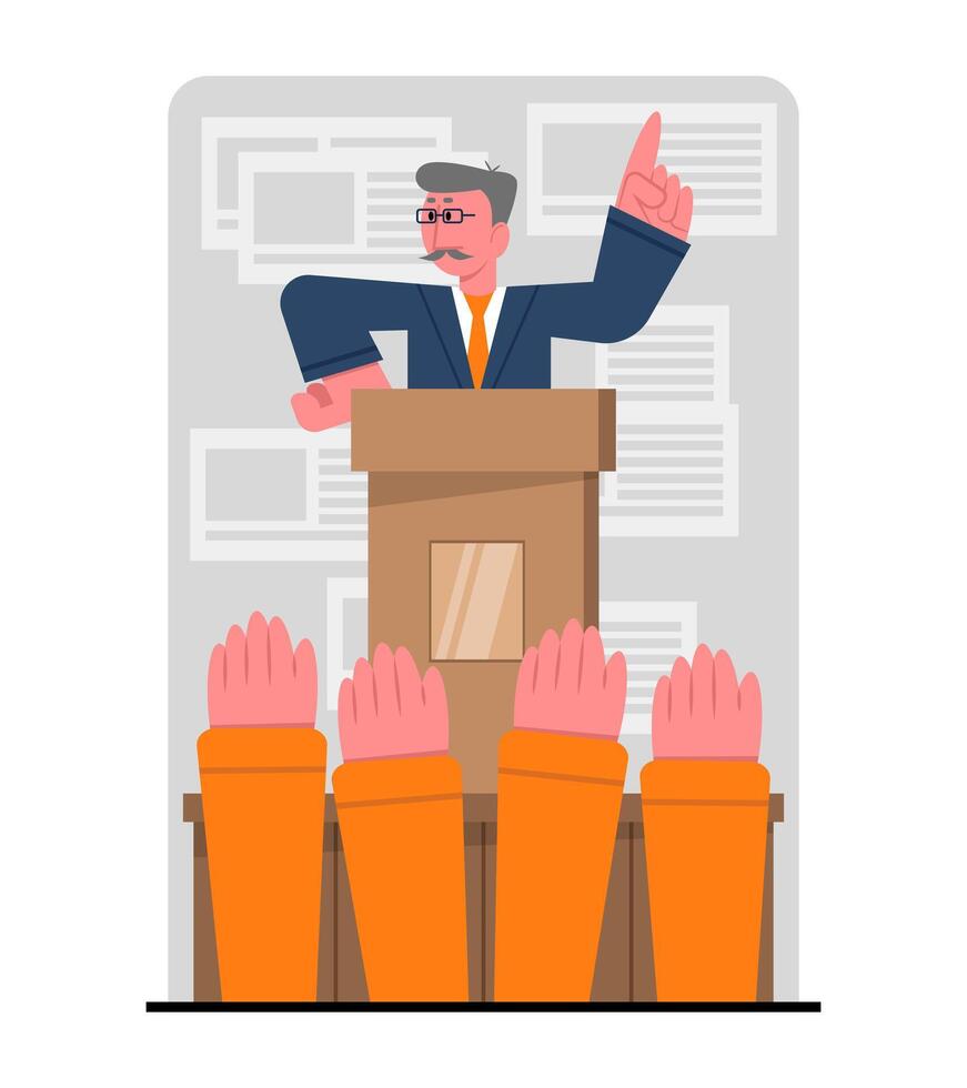 Man stands behind podium elections in company performance in front of public vector