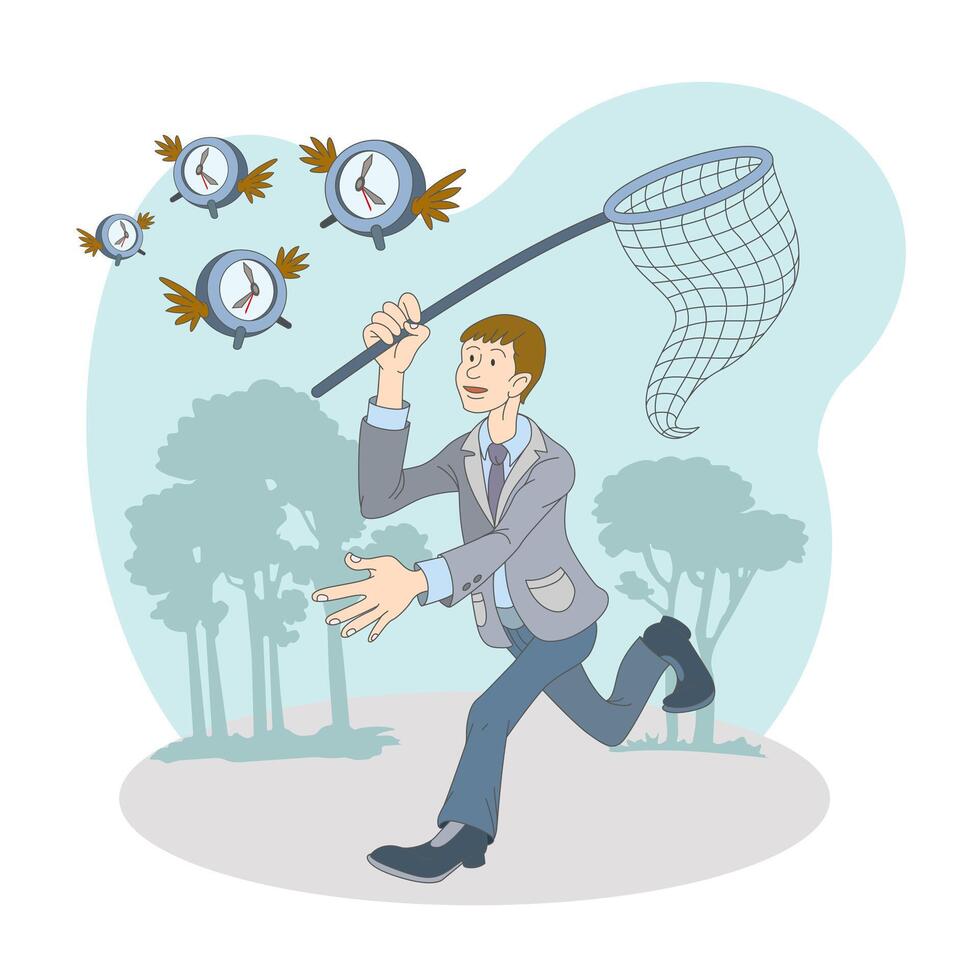 Man running with net and catching watch. Time organization and management concept vector