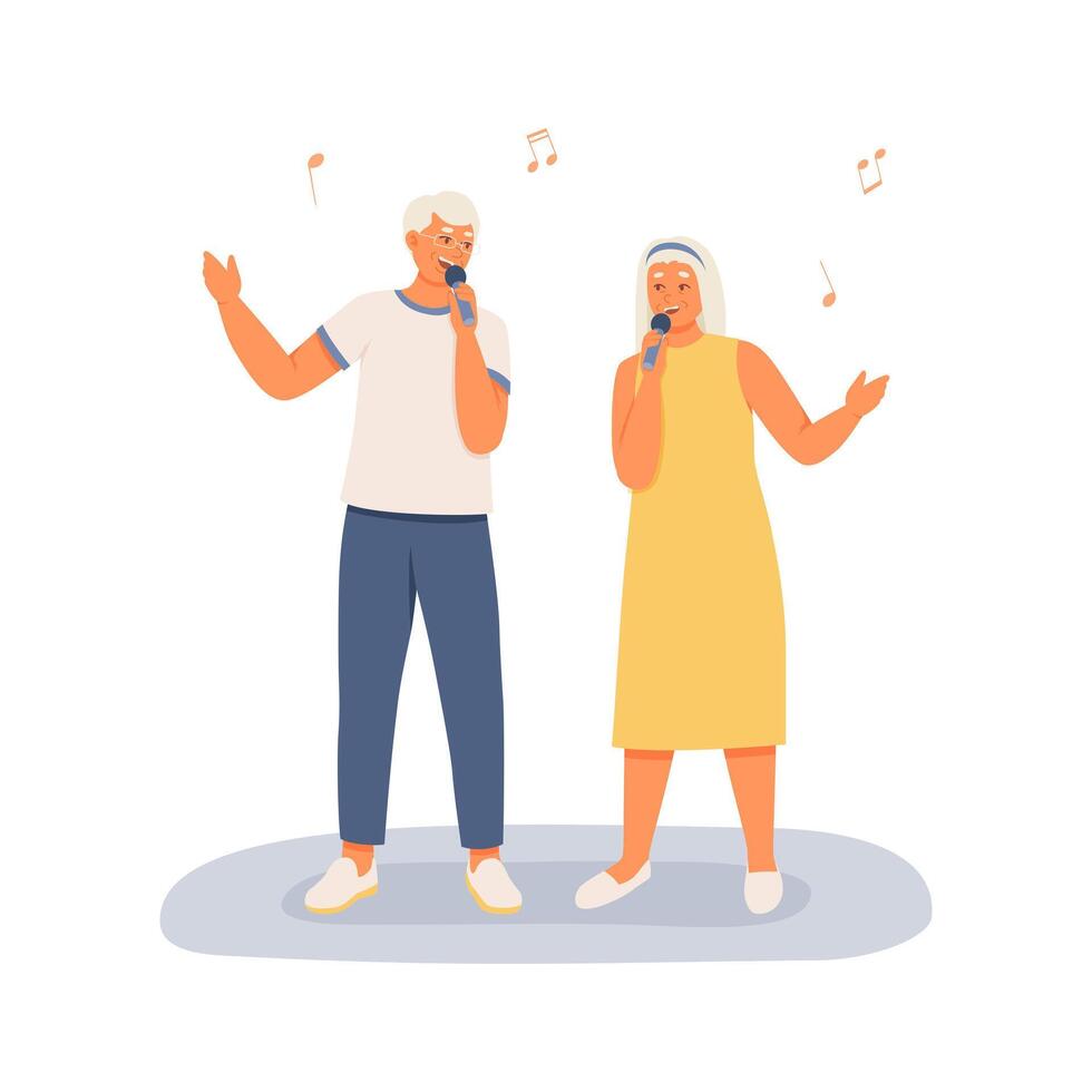 Happy senior woman and man singing songs into microphone vector