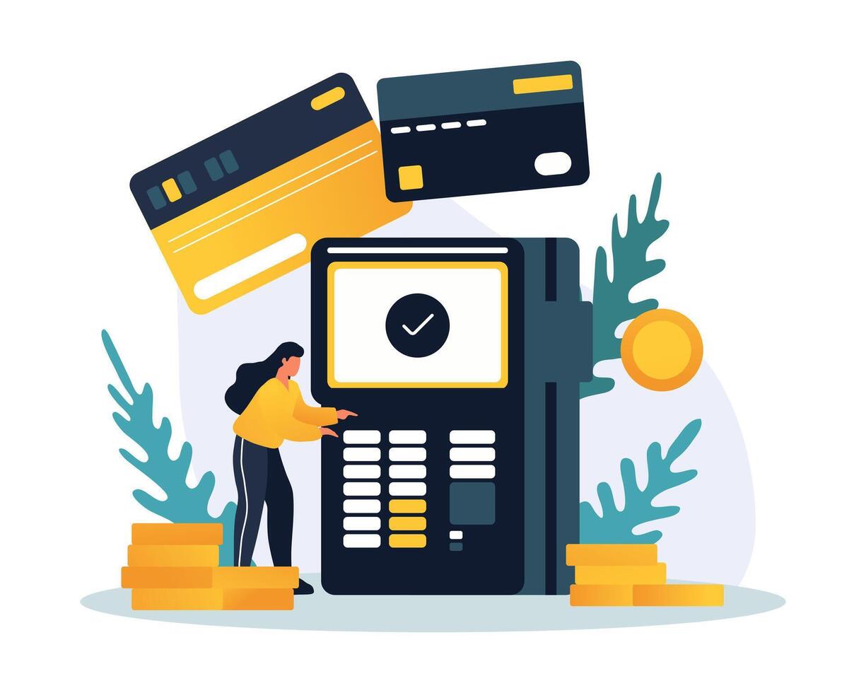 Young female paying with POS-terminal. Online banking and services with different gadgets vector