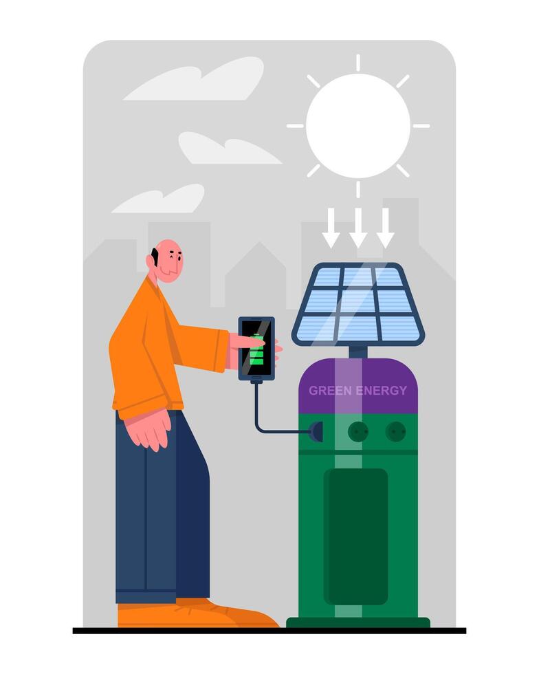 hombre cargando poder banco desde luz de sol. consumo de solar panel a hogar vector