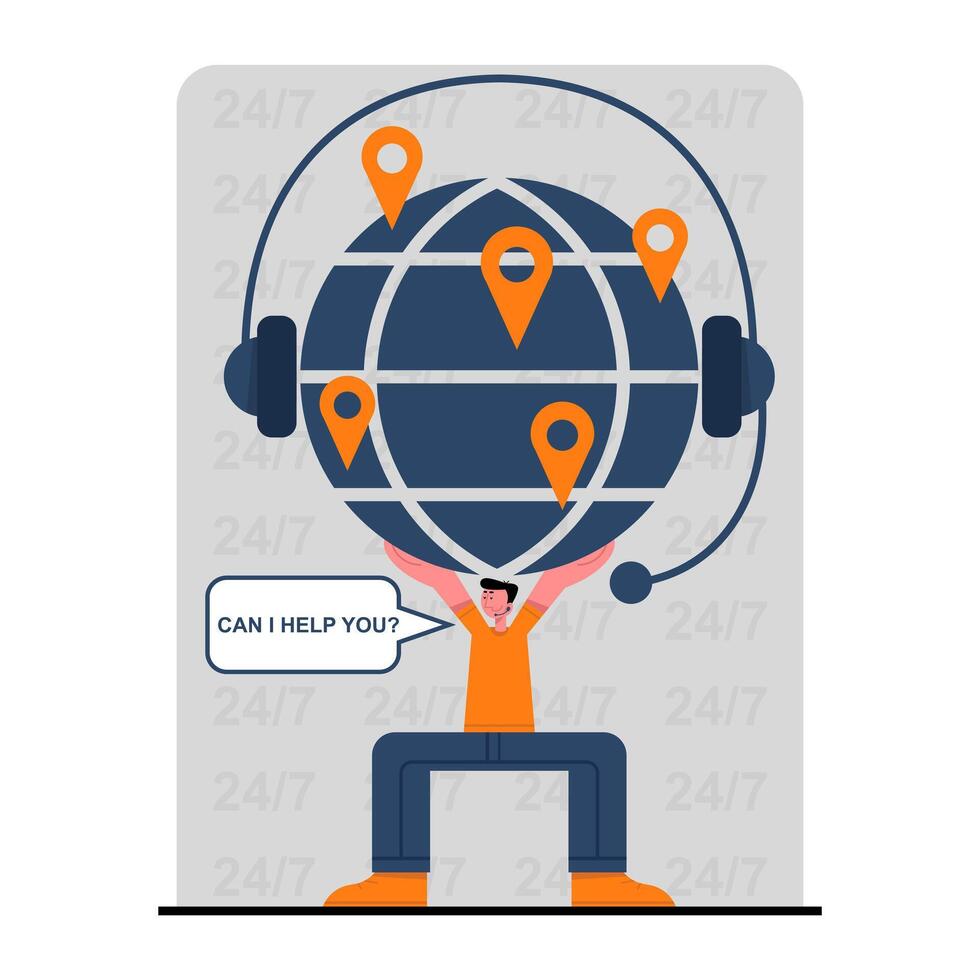 Male holding globe with different locations and ready to help vector