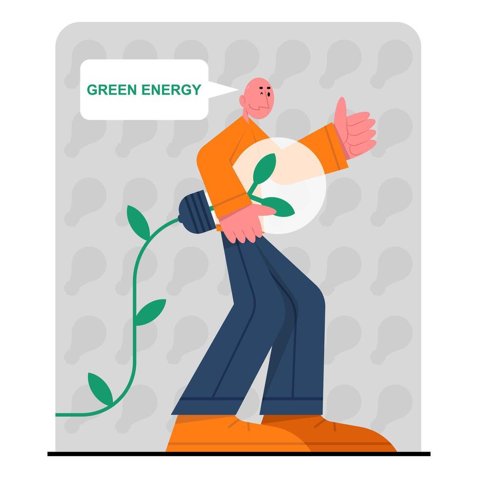 Male holding bulb and using green light. Energy consumption in household vector