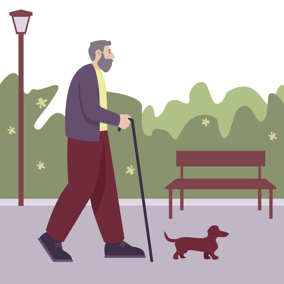 adulto mayor hombre con caña caminando con pequeño perro en parque. ocupaciones al aire libre concepto vector