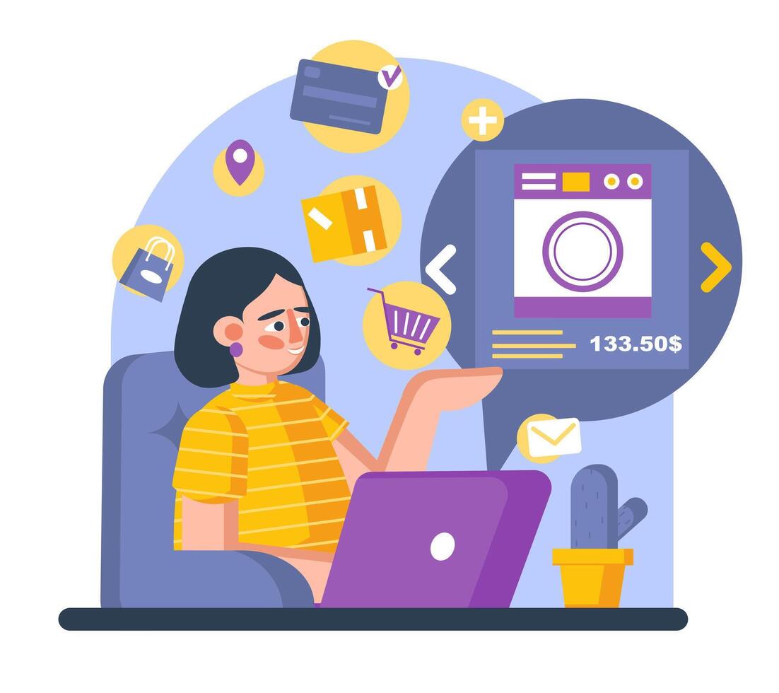 Female sitting on armchair with computer and choosing products vector