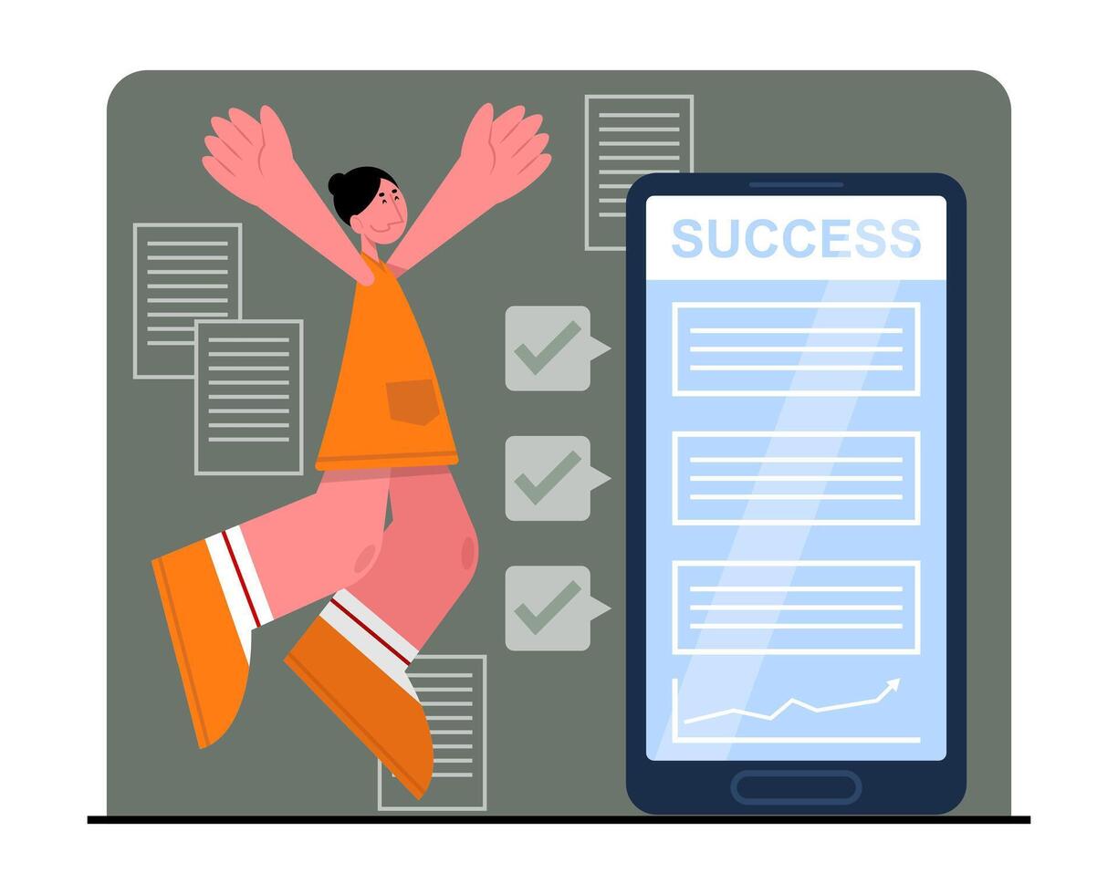 Female jumping near smartphone, complete all tasks. People succeed at work vector