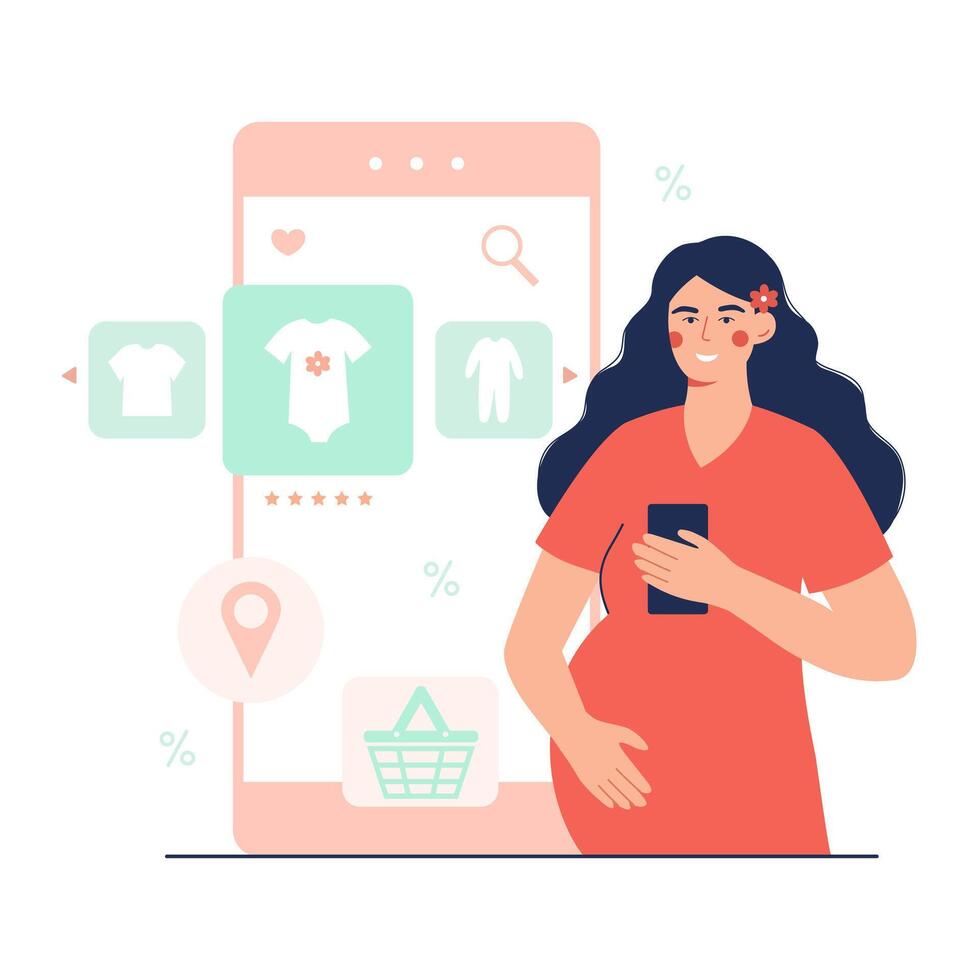 Pregnant lady holding mobile phone and looking for baby clothes, using smartphone vector