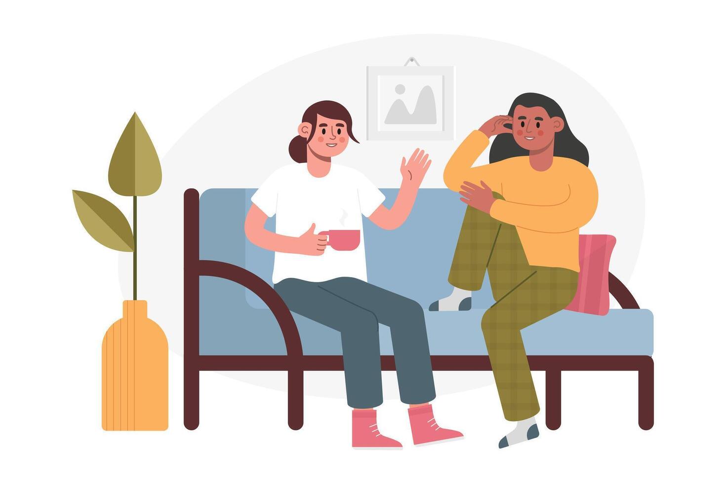 American lady and woman sitting on couch, talking and drinking tea vector