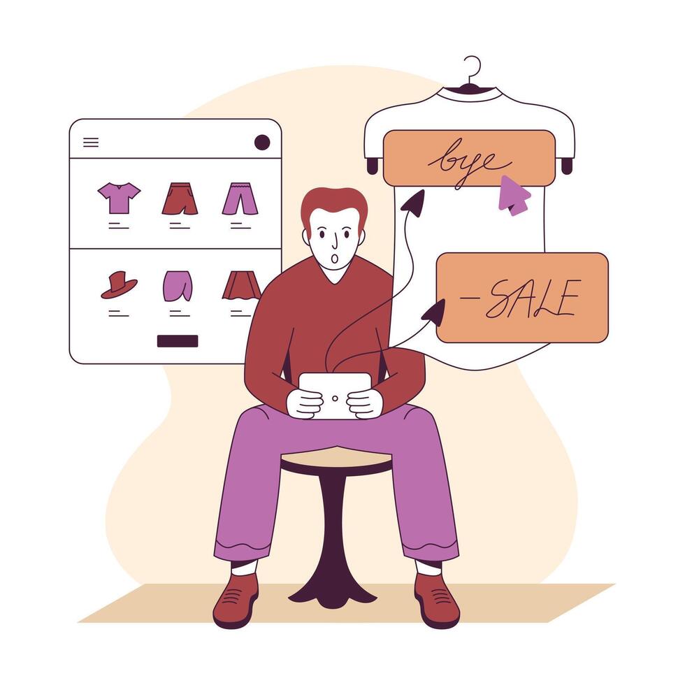 Guy ordering items of clothing through tablet and mobile app. Internet shopping vector