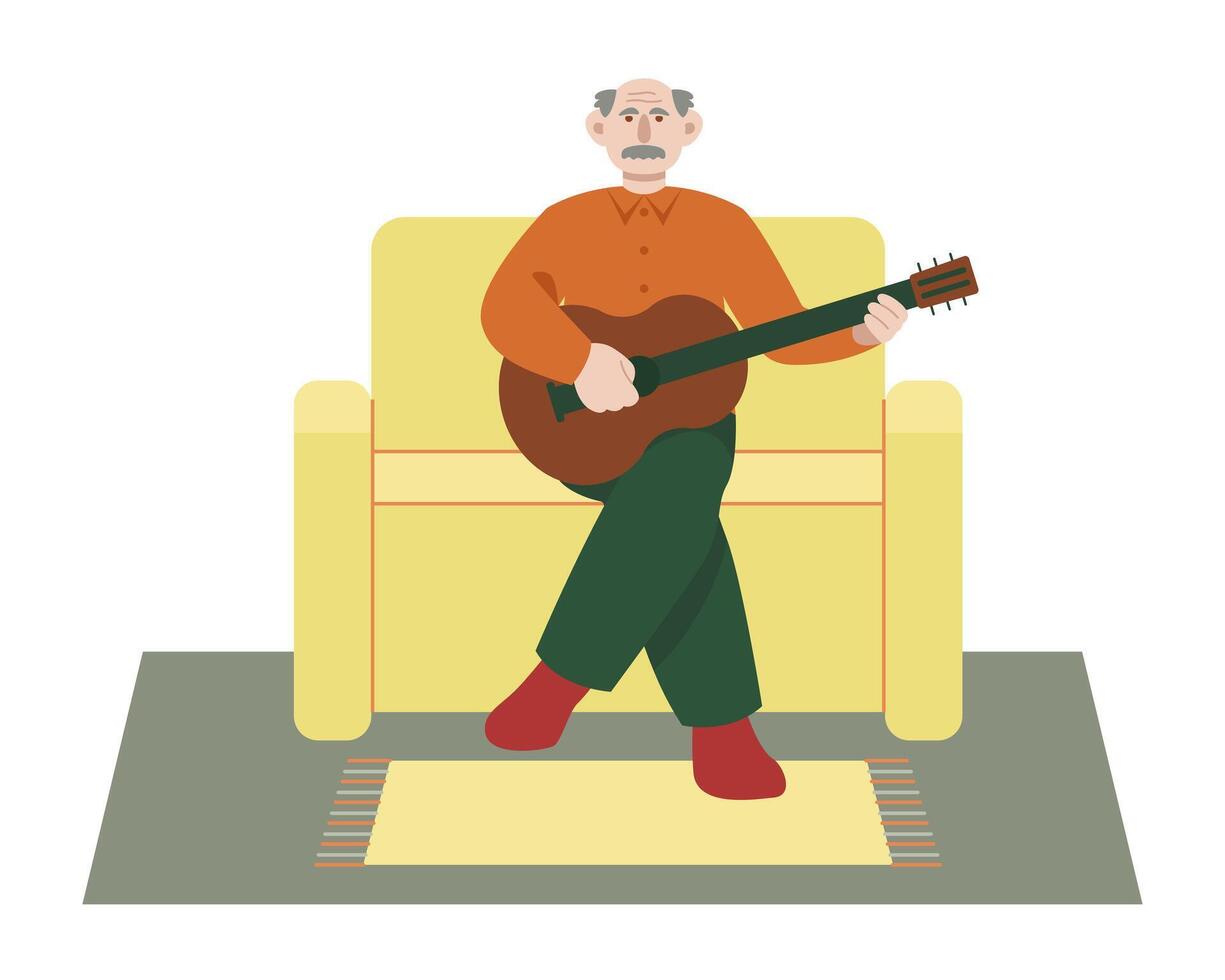 Adult male sitting on sofa, holding guitar and playing. Older peoples activities and hobby vector