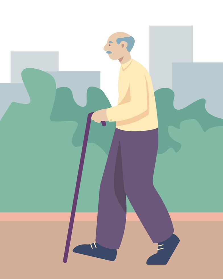 Male with cane walking in park. Pensioner resting. Older peoples activities outdoors vector