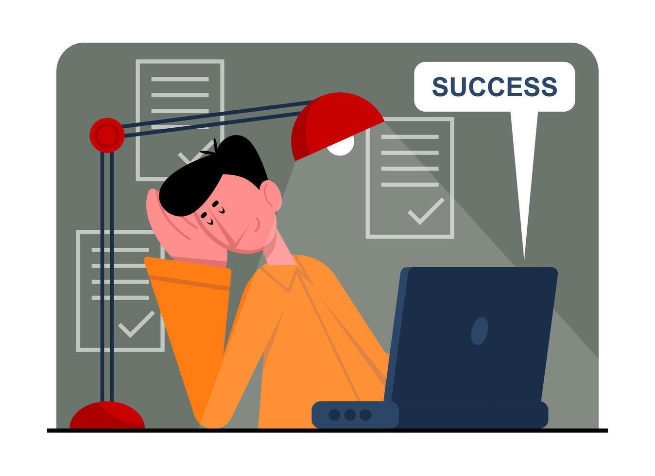 Male working at night, sitting at laptop and sleeping. People succeed at work vector