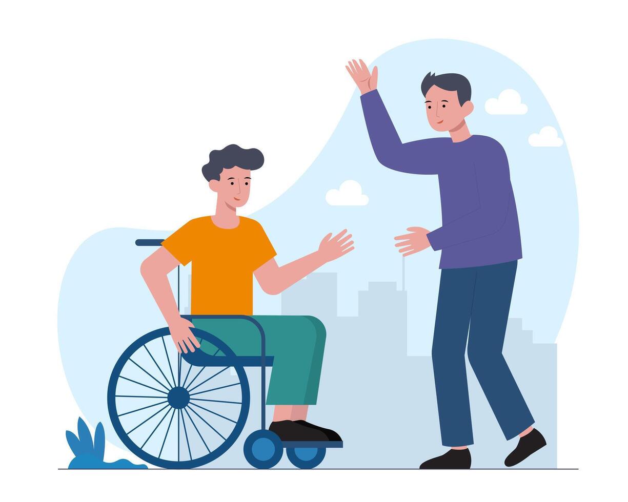 Male walking outside and communicate with man on wheelchair vector
