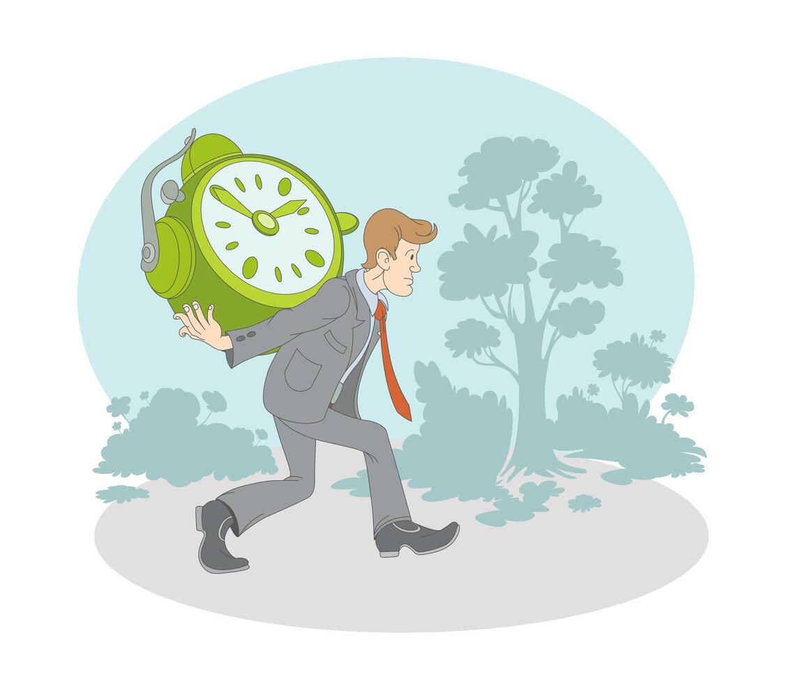 Man holding big clock and carry it in park, managing time working. Time organization and management vector