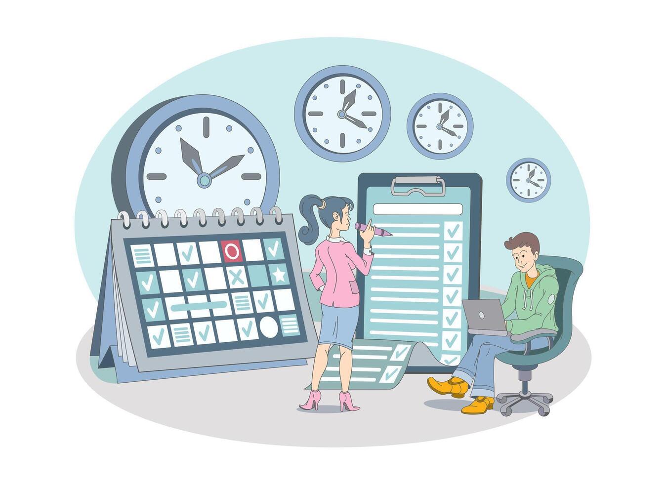 Time management illustration with lady working in office, organizing schedule plan vector
