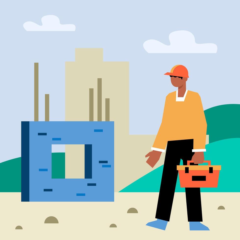 Man in helmet and uniform with tool box ready to work. Construction process concept vector