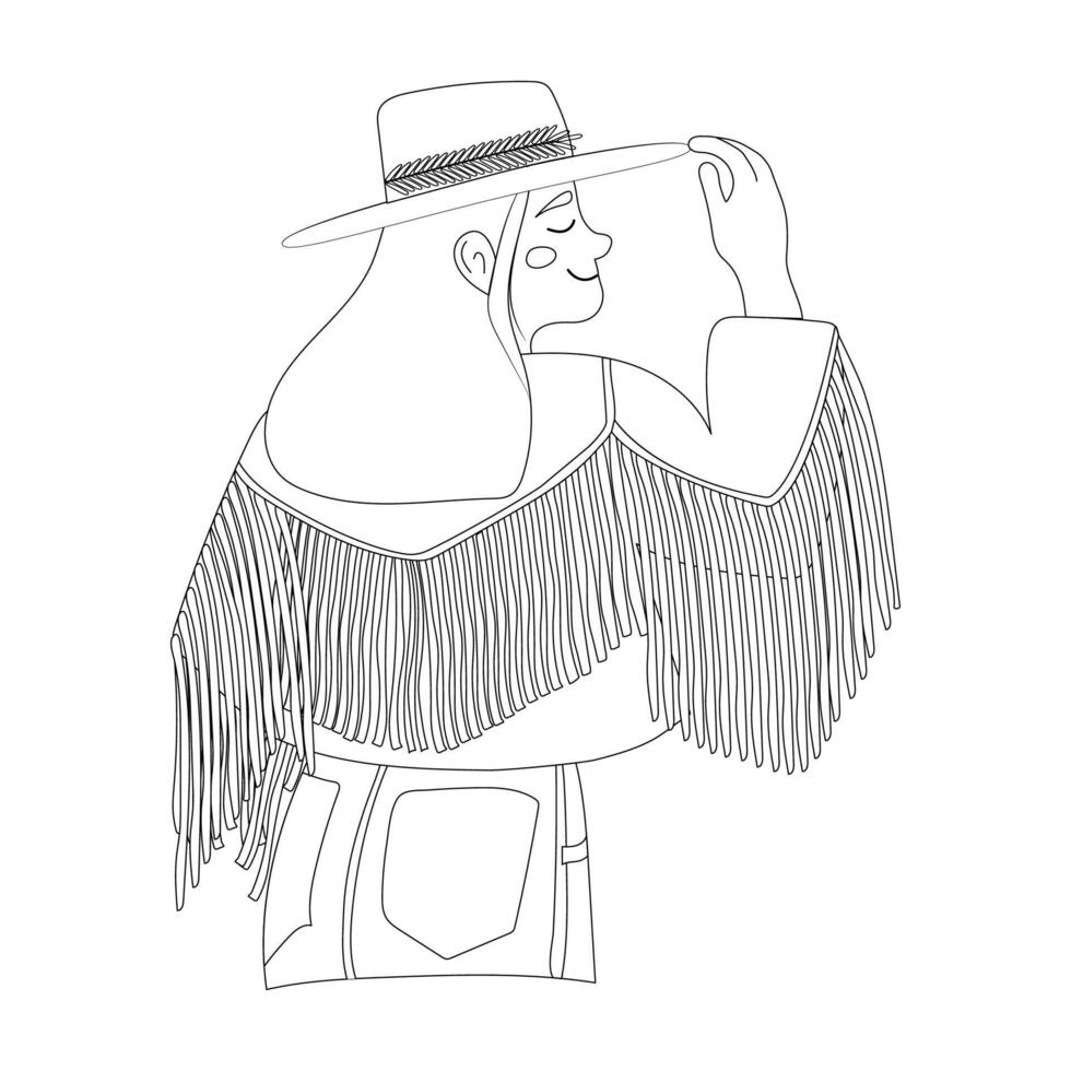 Cowboy girl in a hat.Woman in a cowboy jacket.Wild West concept.Vector contour drawing. vector