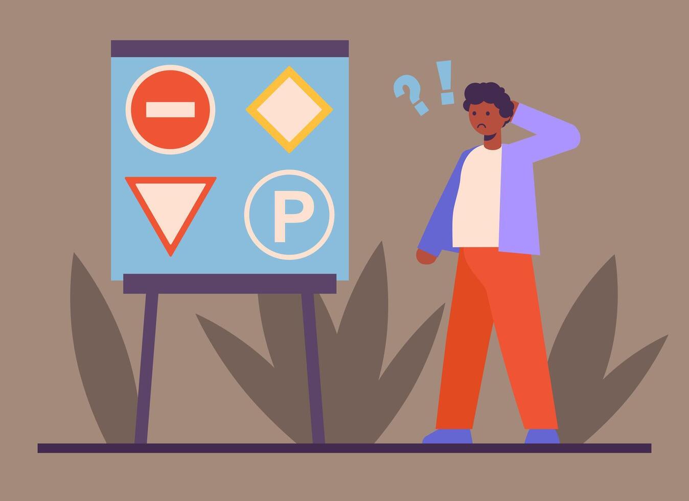 Male study road signs and pass test. Stages of learning at driving school vector