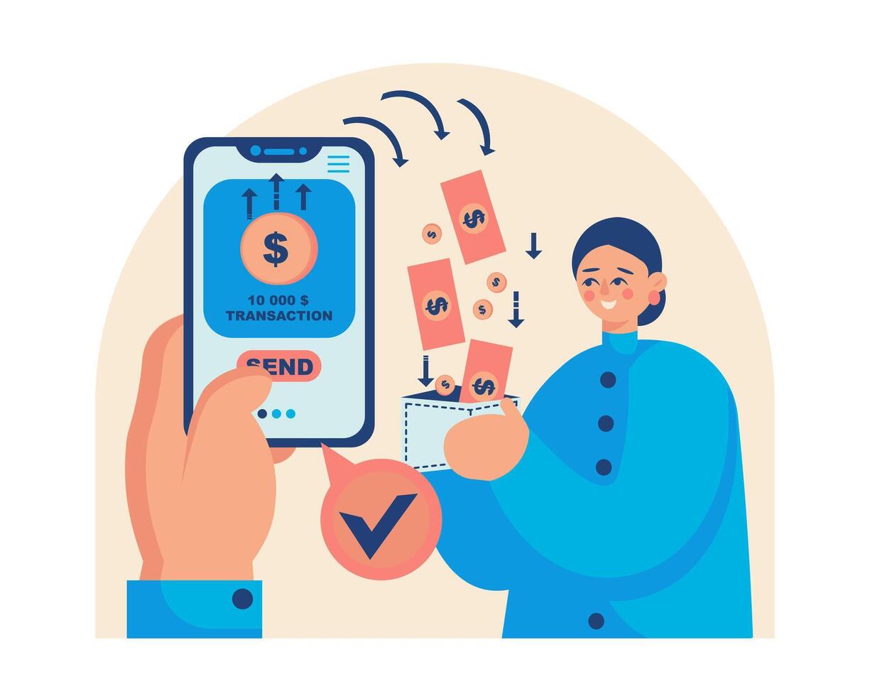 Female holding wallet, man holding smartphone and sending money vector