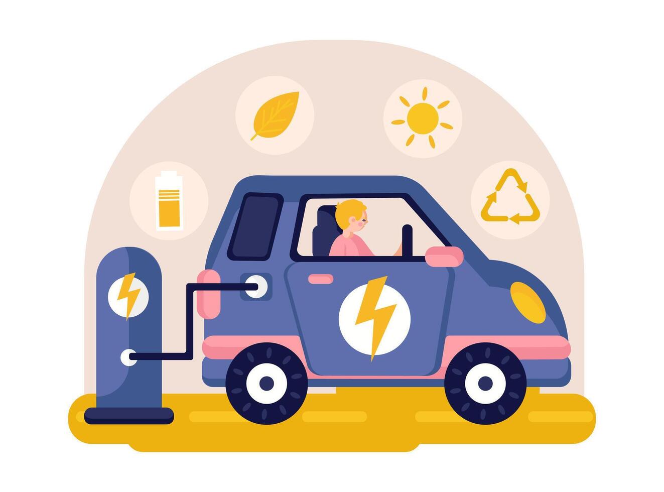Male sitting in electric automobile, charging on charge station. Eco transport with electric motors vector