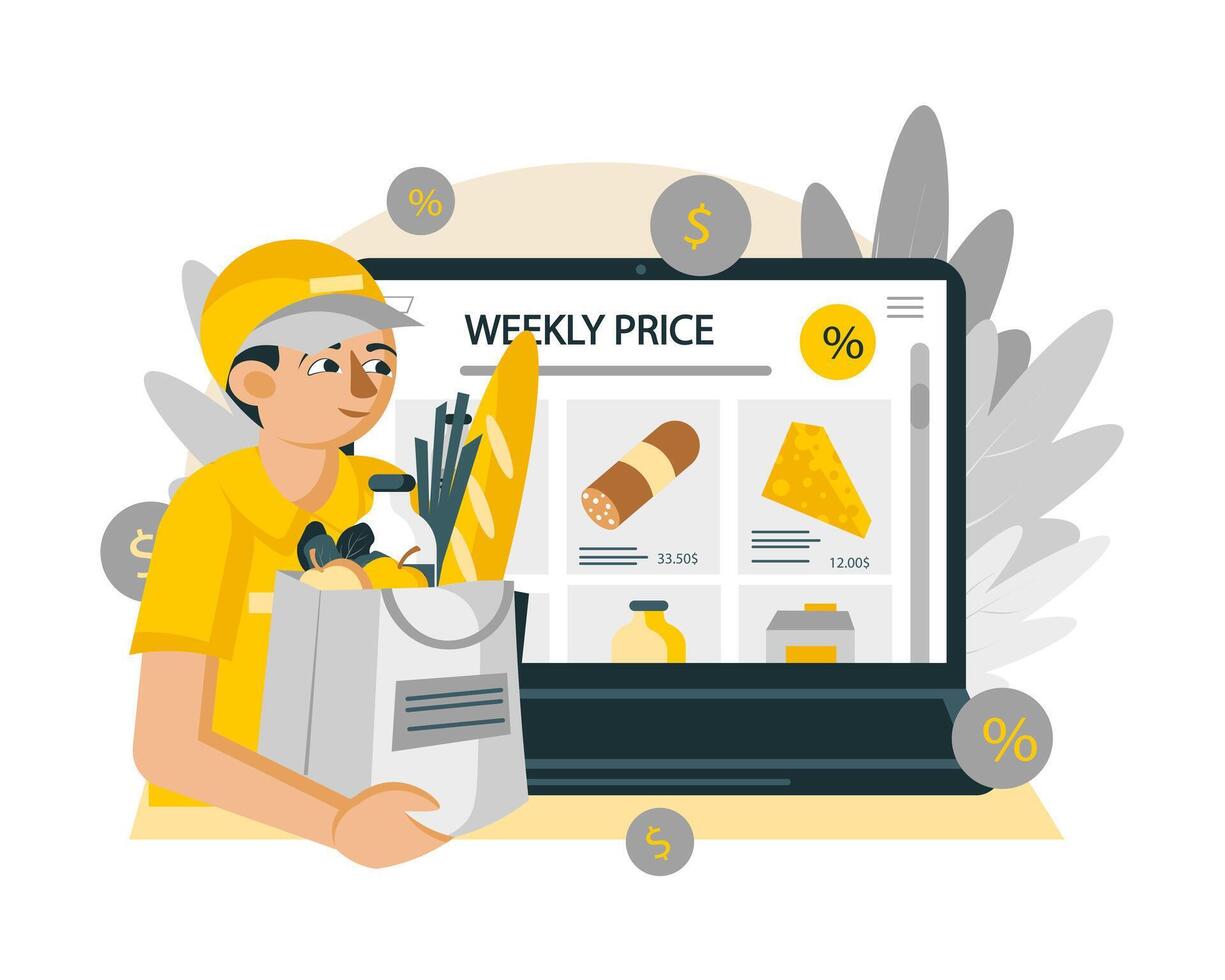 Male delivering food. Young man holding groceries in online store vector