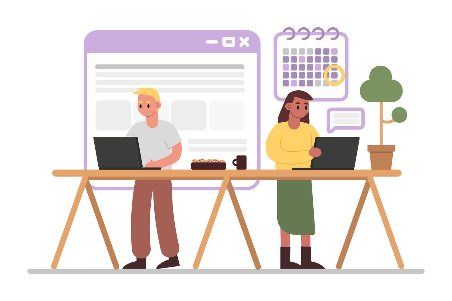 Woman and man standing near table and working on laptops. Time management and work organize vector