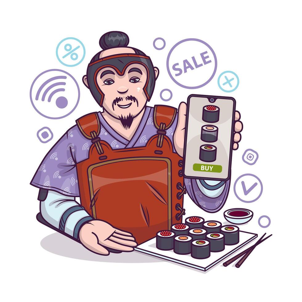 Smiling worker holding tablet and show application for delivery of rolls and sushi vector