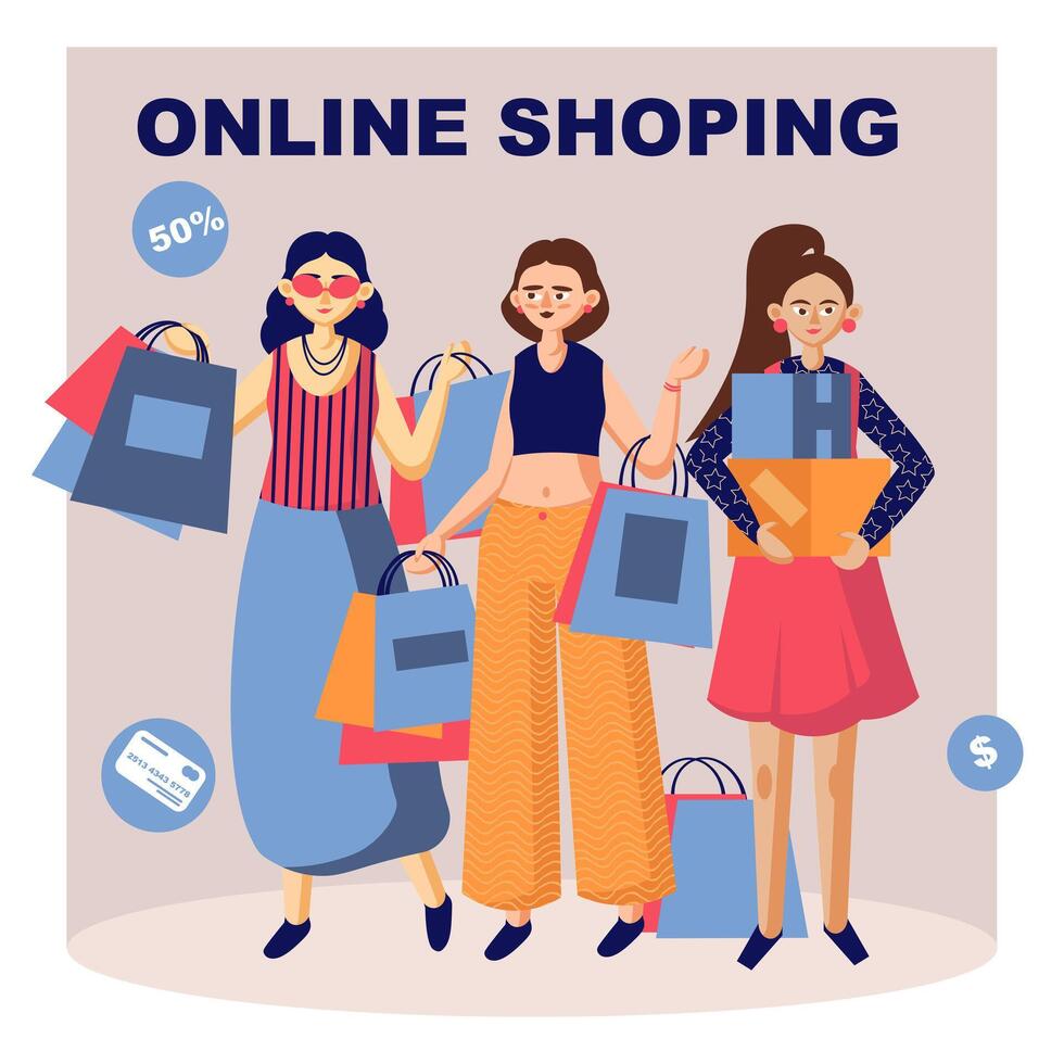 Group of ladies holding shopping bags, doing online shopping vector