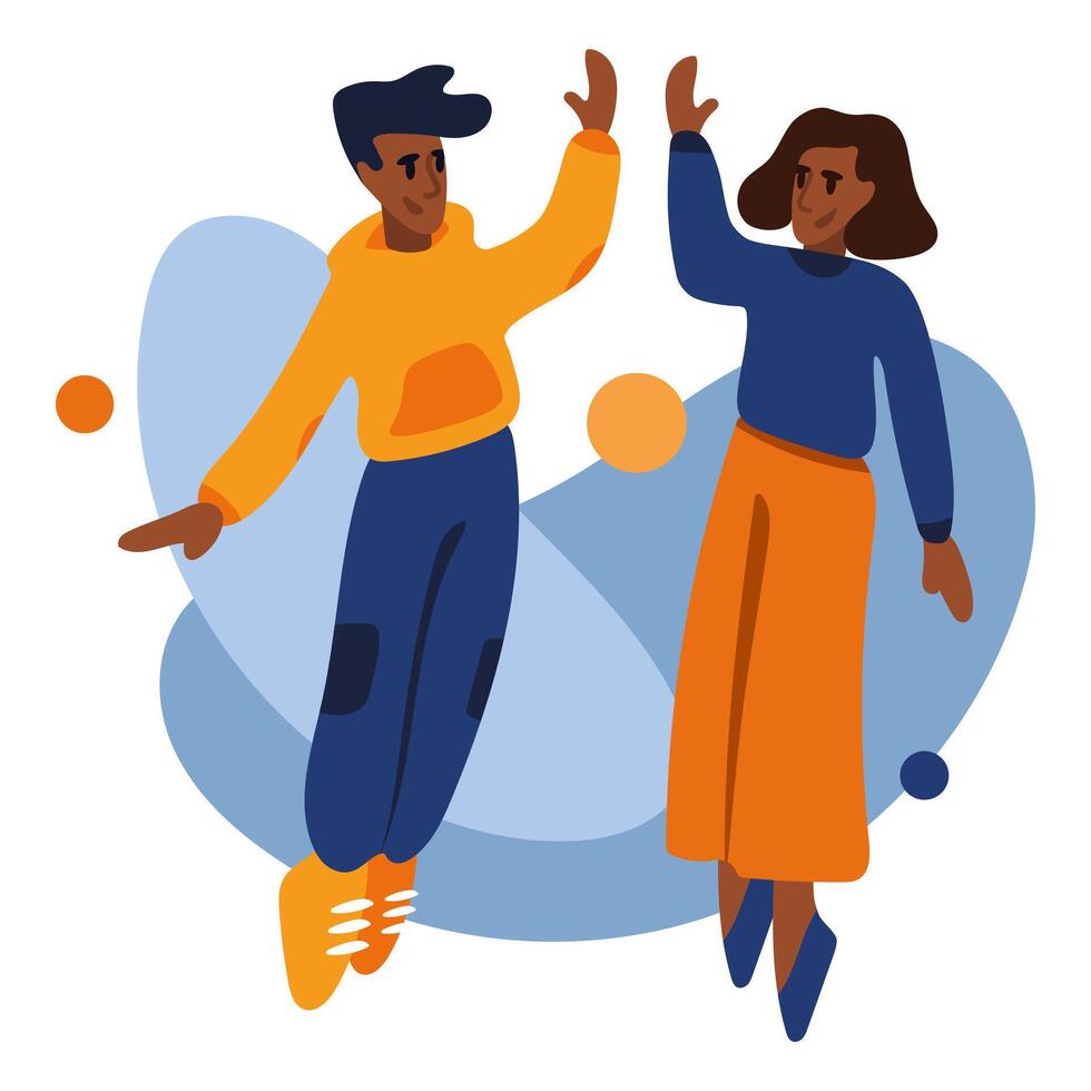 Woman and man jumping and high five outside. Pleasant leisure. Have fun and jumping together vector